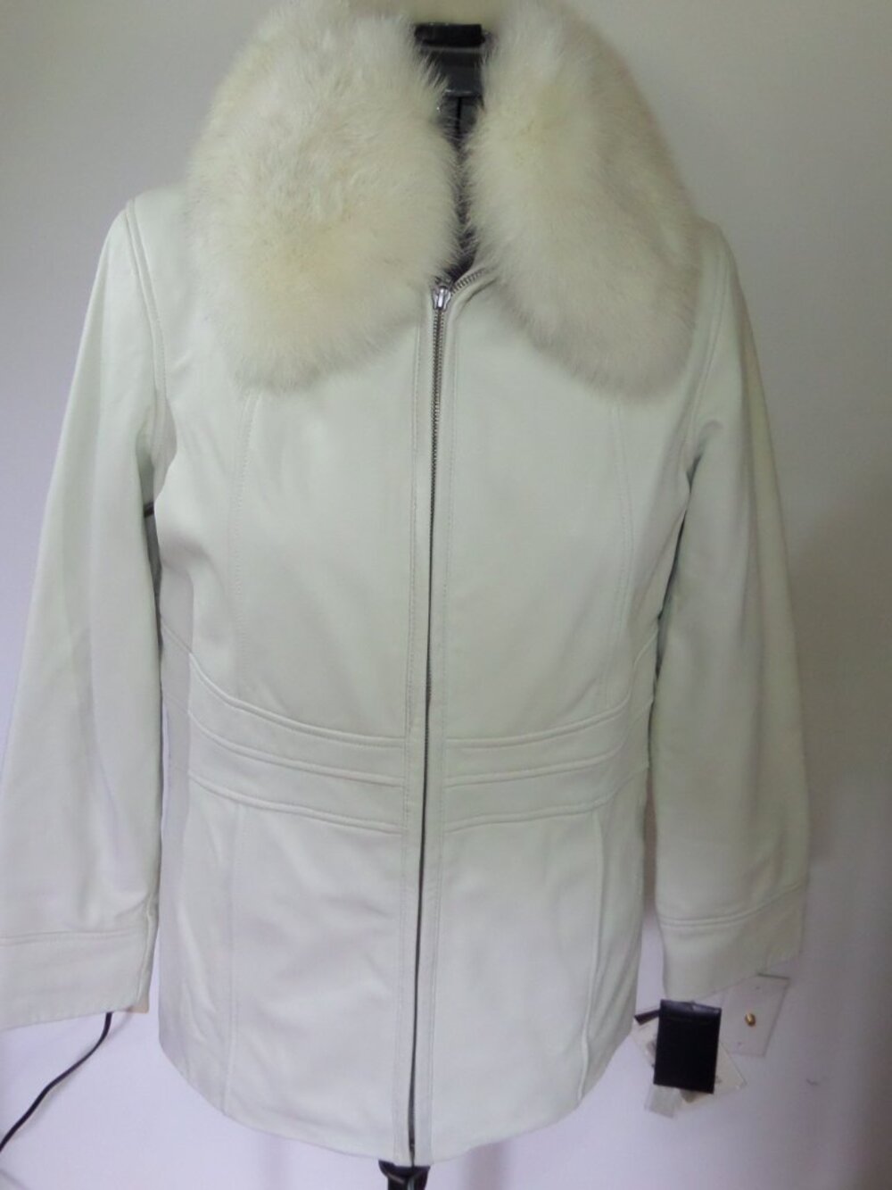 Preston & York Women's Genuine Lambskin White Leather n Fox Collar Size M NWT